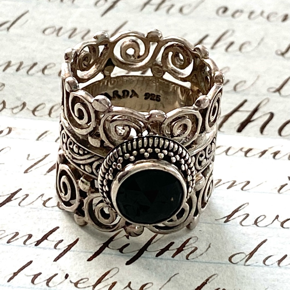 Stunning Sarda Sterling Silver 925 Ring with Large Faceted Black Stone Size 6